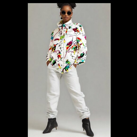 Berek White Multi Abstract Tropical Bird Cotton Jacket Size Large - Picture 1 of 9